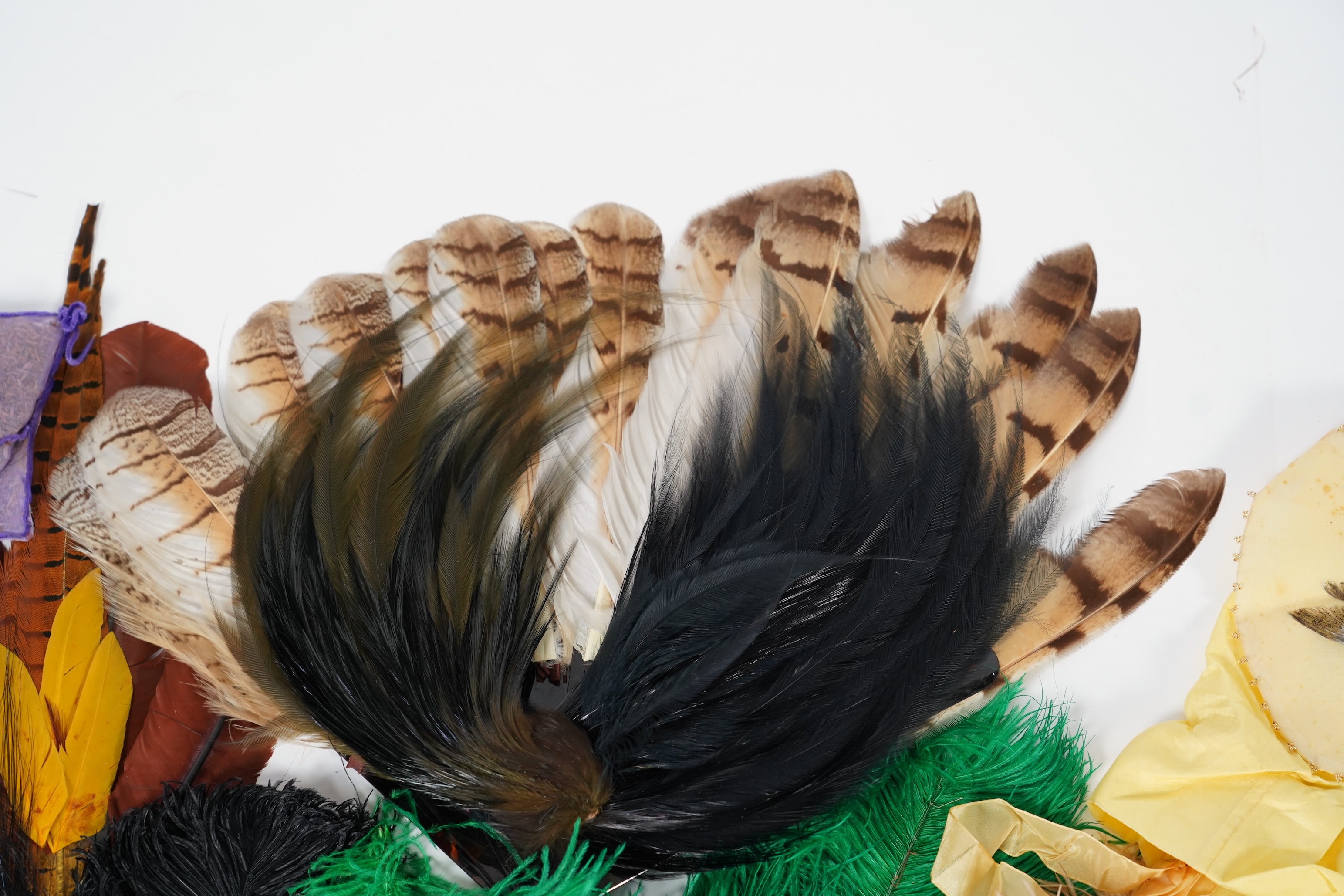 A collection of Edwardian exotic feather hat ornaments, with a collection of coloured ostrich feathers, two similar feather fans, a lace and another fan and silk hand painted mats